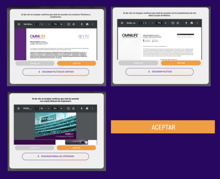 Terminos y Condiciones de los pasos del registro omnilife